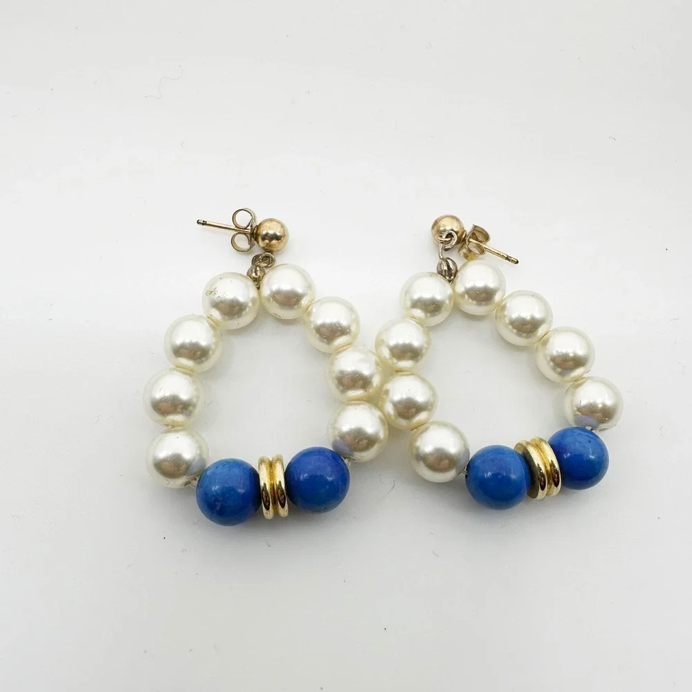 Vintage Faux Pearl Lapis Lazuli Bead Half Hoop Drop‎ Earrings Gold Tone